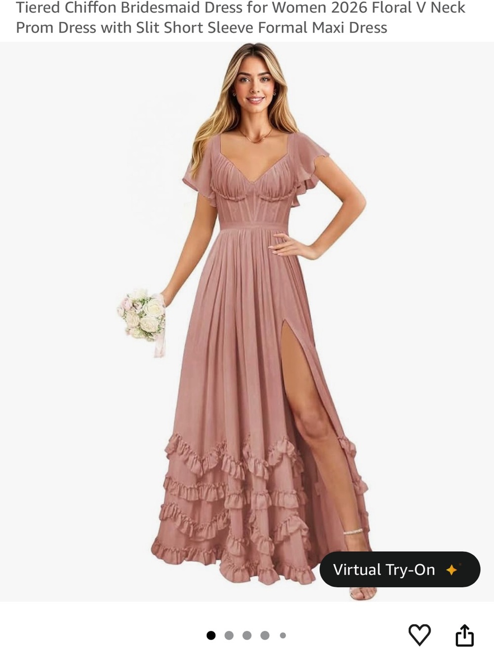 Amazon Dusty Rose Tiered Chiffon Maxi Dress with V-Neck & Slit